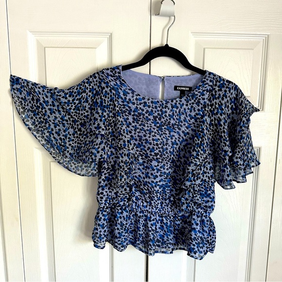 Express Leopard Animal Print Tiered Ruffle Peplum Womens Blue Top M Boho Chiffon - Picture 2 of 12